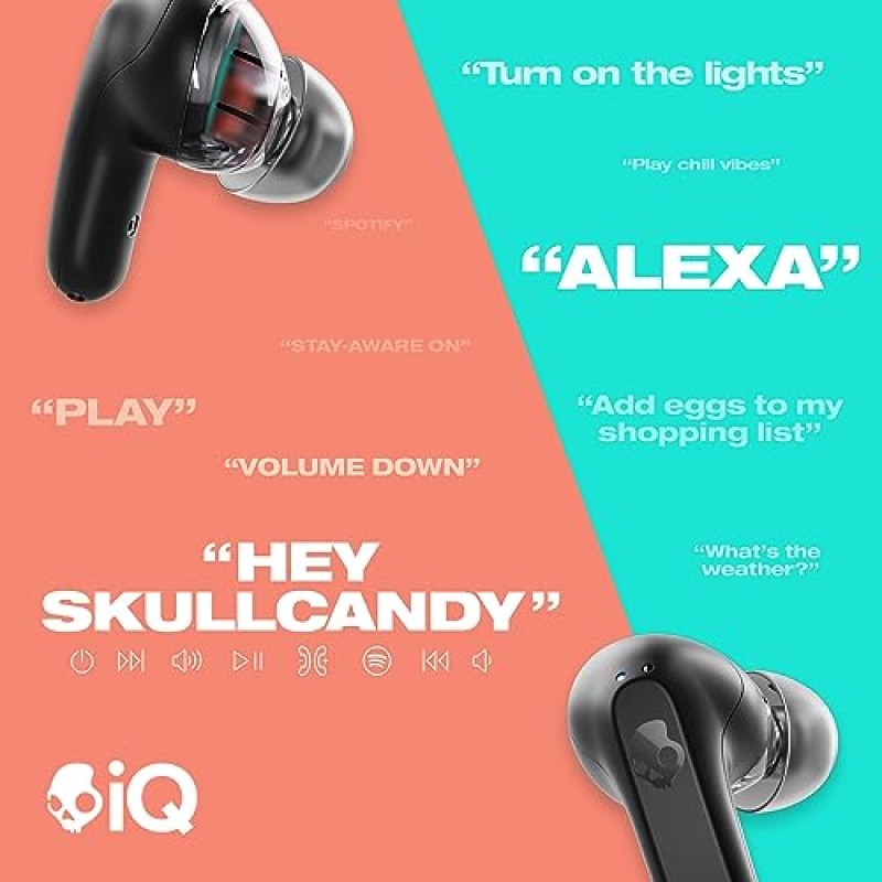 Skullcandy 레일 인이어 무선 이어버드, 42시간 배터리, Skull-iQ, Alexa 지원, 마이크, iPhone Android 및 Bluetooth 장치와 작동 - 블랙