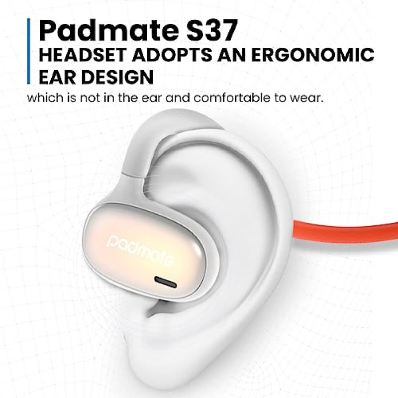 Padmate S37 공기 전도 헤드폰 - 듀얼 마이크 및 소음 차단 헤드폰, 개방형 무선 Bluetooth 5.3 스테레오 사운드 스포츠 헤드셋, 자기 충전 이어버드 그레이