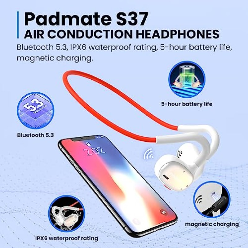 Padmate S37 공기 전도 헤드폰 - 듀얼 마이크 및 소음 차단 헤드폰, 개방형 무선 Bluetooth 5.3 스테레오 사운드 스포츠 헤드셋, 자기 충전 이어버드 그레이