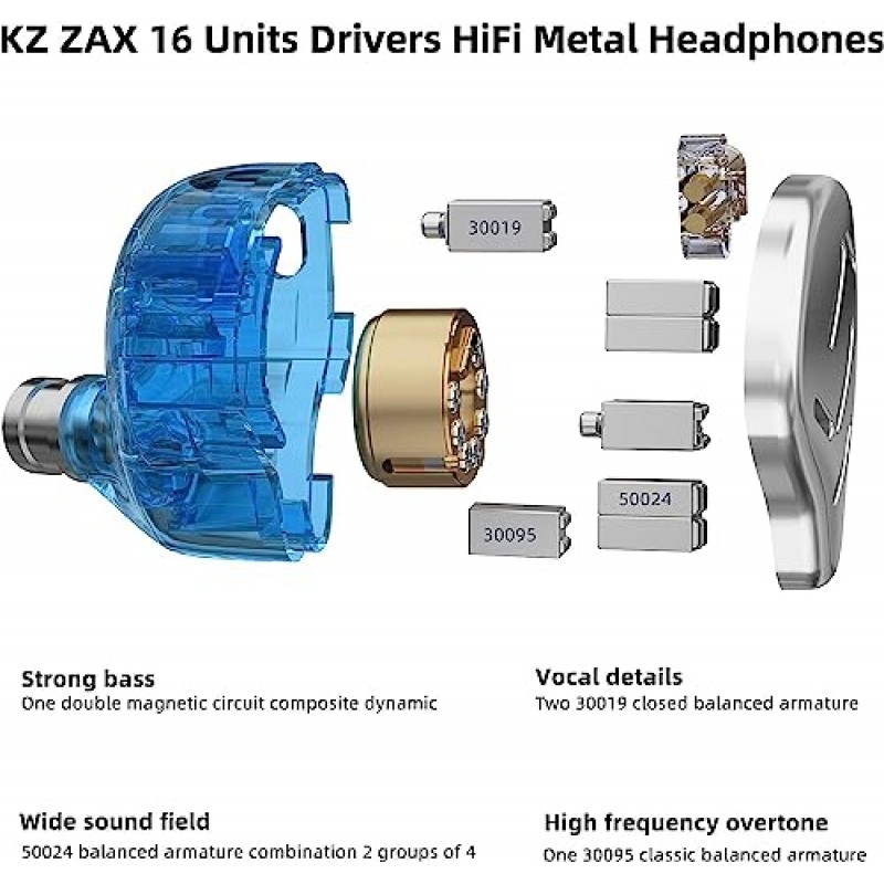 KZ Zax 이어폰형 헤드폰 7BA+1DD 하이브리드 16개 드라이버 HiFi 소음 차단 이어폰 모니터, 아연 합금 쉘 금속 유선 이어폰, 3.5mm 잭 분리형 2핀 0.75mm 케이블(마이크 없음, 은색)