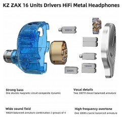 KZ Zax 이어폰형 헤드폰 7BA+1DD 하이브리드 16개 드라이버 HiFi 소음 차단 이어폰 모니터, 아연 합금 쉘 금속 유선 이어폰, 3.5mm 잭 분리형 2핀 0.75mm 케이블(마이크 없음, 은색)