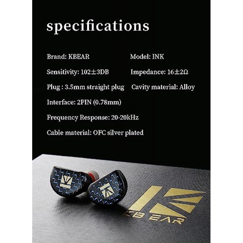 YINYOO KBEAR 잉크 MK2 유선 IEM 이어폰, 이어 모니터 헤드폰 이어버드, 8.8mm 강력한 자석 다이나믹 유닛, 아연 합금 캐비티 및 8코어 OFC 은도금 케이블(마이크가 없는 검정색)