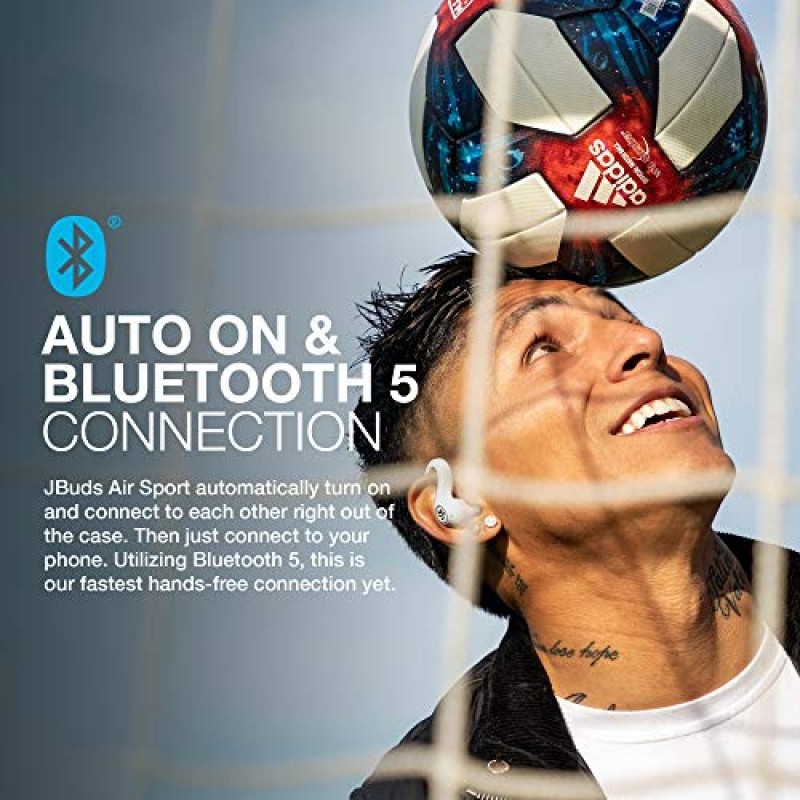 JLab JBuds Air Sport 진정한 무선 Bluetooth 이어버드 + 충전 케이스, 화이트, IP66 땀 방지, 클래스 1 Bluetooth 5.0 연결, EQ 사운드 설정 3개 시그니처, 밸런스, 베이스 부스트