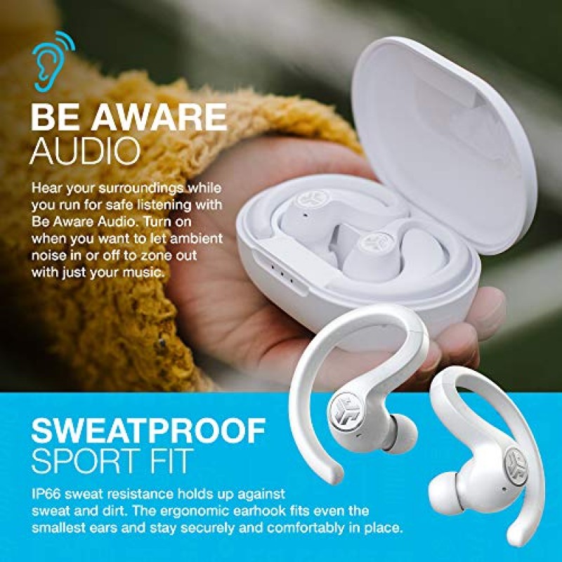 JLab JBuds Air Sport 진정한 무선 Bluetooth 이어버드 + 충전 케이스, 화이트, IP66 땀 방지, 클래스 1 Bluetooth 5.0 연결, EQ 사운드 설정 3개 시그니처, 밸런스, 베이스 부스트