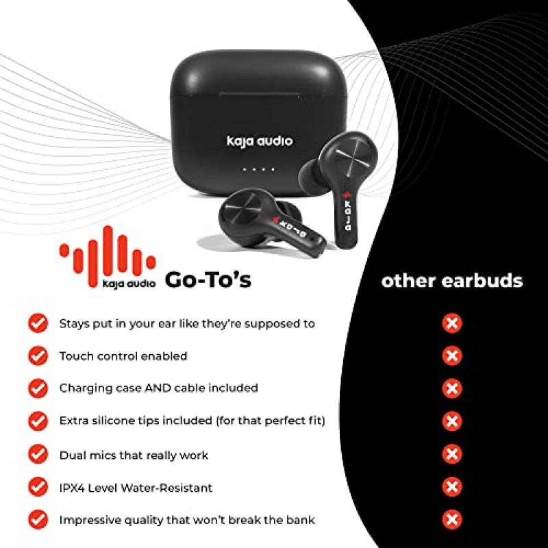 Kaja Audio Go-To 이어버드 무선 블루투스(듀얼 마이크 및 터치 컨트롤 포함) - iPhone 및 Android용 무선 이어버드 - 체육관 및 운동용 소음 제거 이어버드 무선 - 무선 이어버드 블루투스