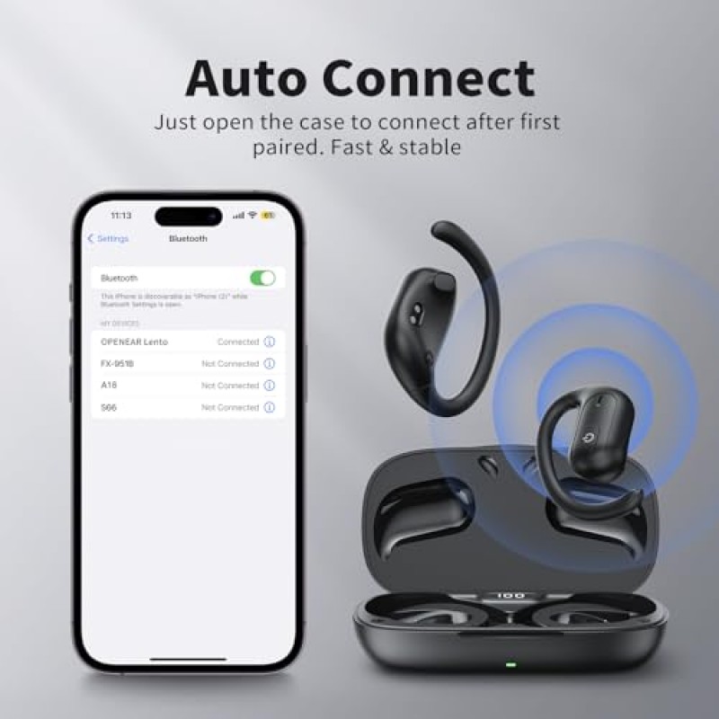 Hyyeosd 오픈 이어 헤드폰, 디지털 디스플레이 충전 케이스가 포함된 Bluetooth 5.3 무선 이어버드, 32시간 재생 시간 땀 방지 Bluetooth 헤드폰 달리기, 사이클링, 걷기용 마이크가 있는 무선