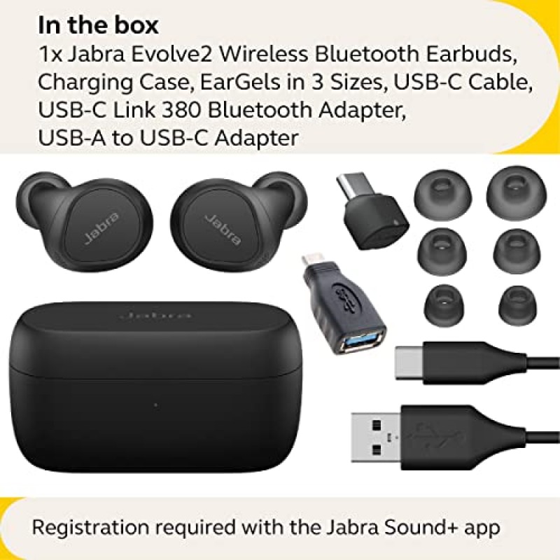 Jabra Evolve2 진정한 무선 이어버드 - 능동형 소음 제거 멀티센서 음성 기술을 갖춘 인이어 Bluetooth 이어버드 - 가상 회의 앱과 함께 작동하도록 인증됨 - 블랙