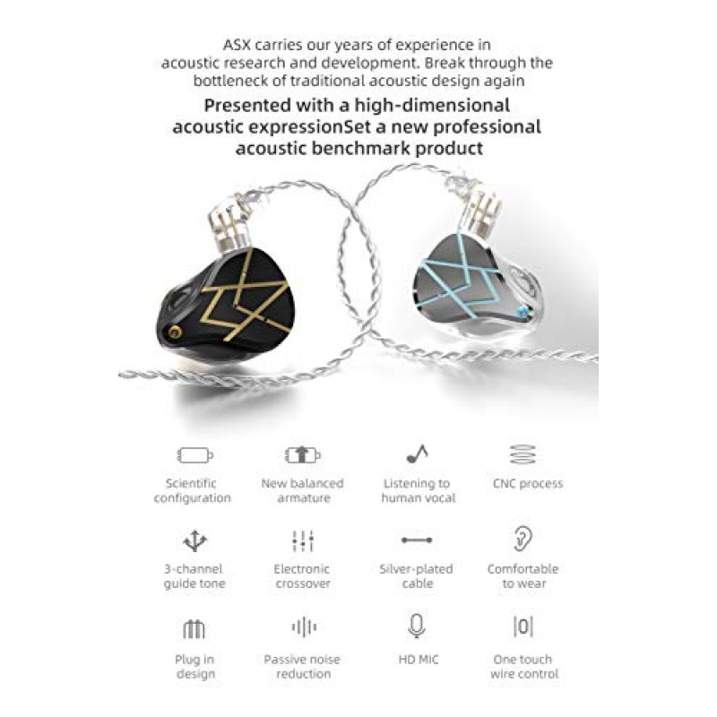 KZ ASX 인이어 모니터, 측면당 균형 전기자 장치 10개 맞춤형 HiFi IEM 유선 이어폰/이어버드/헤드폰(분리형 케이블 2핀 포함) 음악가 오디오파일용(마이크 없음, 검은색)