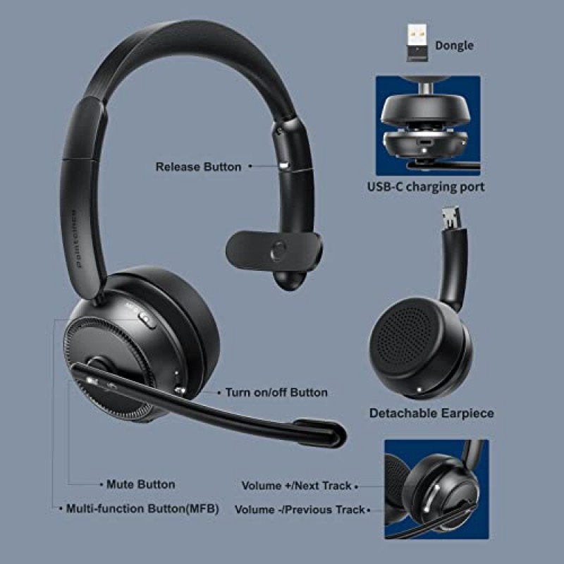 AI 소음 제거 마이크가 장착된 Pointcinco Bluetooth 헤드셋, 스테레오 HiFi Bluetooth 헤드폰, 컴퓨터용 USB 동글이 장착된 무선 헤드셋 사무실 콜 센터 Skype Zoom Meeting Trucker