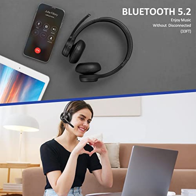 EKVANBEL Bluetooth 헤드셋 V5.2(어댑터 포함), 소음 제거 마이크가 있는 무선 헤드폰, 휴대폰 노트북 컴퓨터용 온이어 무선 헤드셋