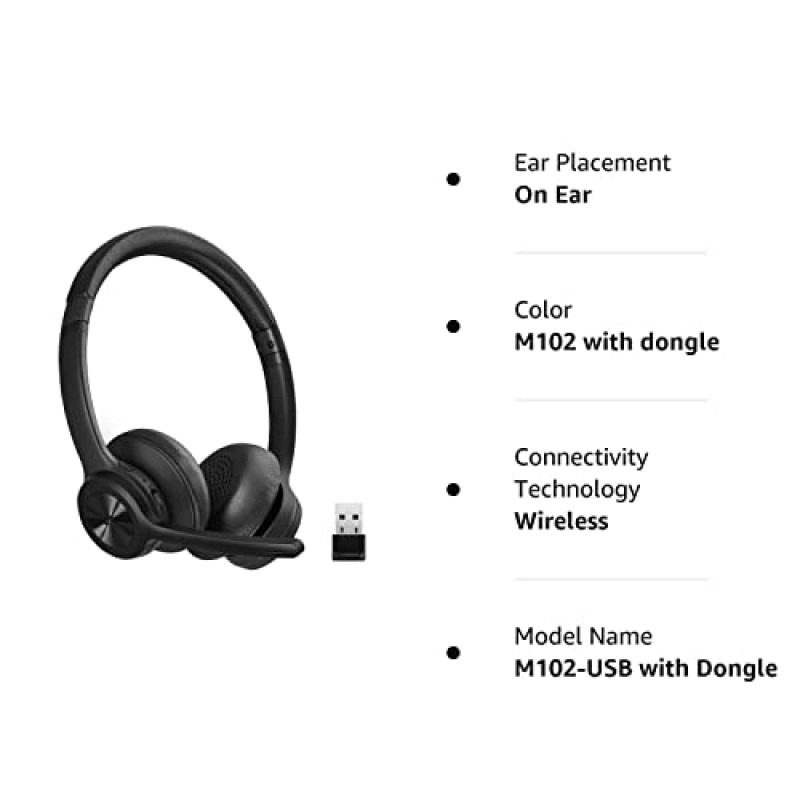 EKVANBEL Bluetooth 헤드셋 V5.2(어댑터 포함), 소음 제거 마이크가 있는 무선 헤드폰, 휴대폰 노트북 컴퓨터용 온이어 무선 헤드셋