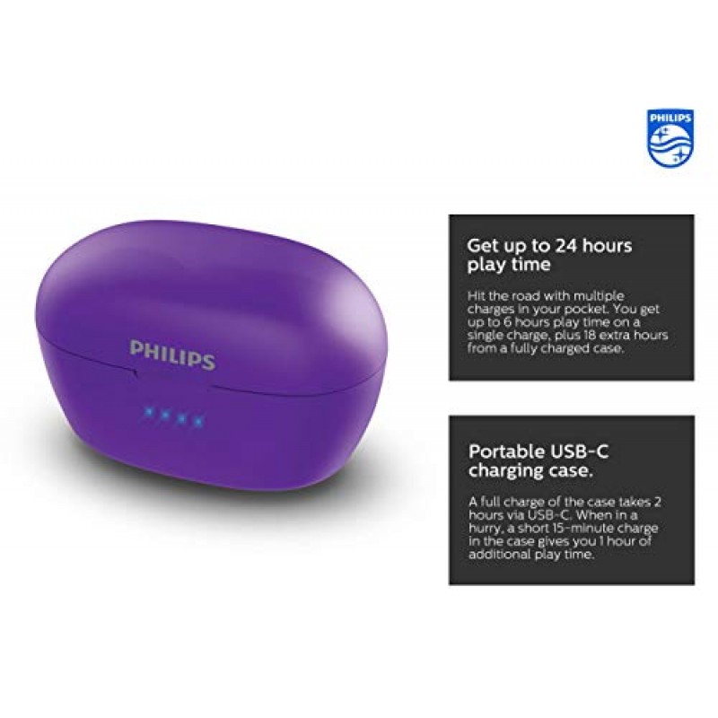 PHILIPS T3215 무선 인이어 이어버드, TWS Bluetooth 5.1 스테레오 헤드폰, IPX4, USB-C 충전 케이스 사용 시 최대 24(6+18)시간 재생 - 핑크(TAT3215PP)