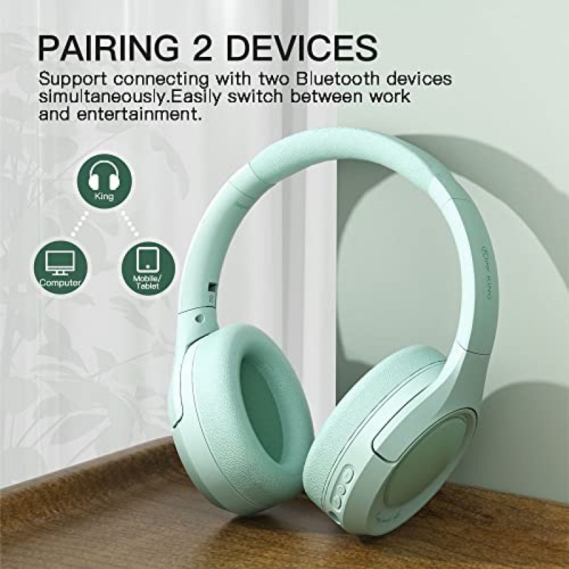 iKF King Wireless Bluetooth V5.3 헤드폰 - 마이크가 포함된 능동형 소음 차단 오버이어 헤드셋, 게임 모드, 80시간 재생 시간, 접이식, HiFi 사운드, 온라인 수업 및 홈 오피스용(청록색)