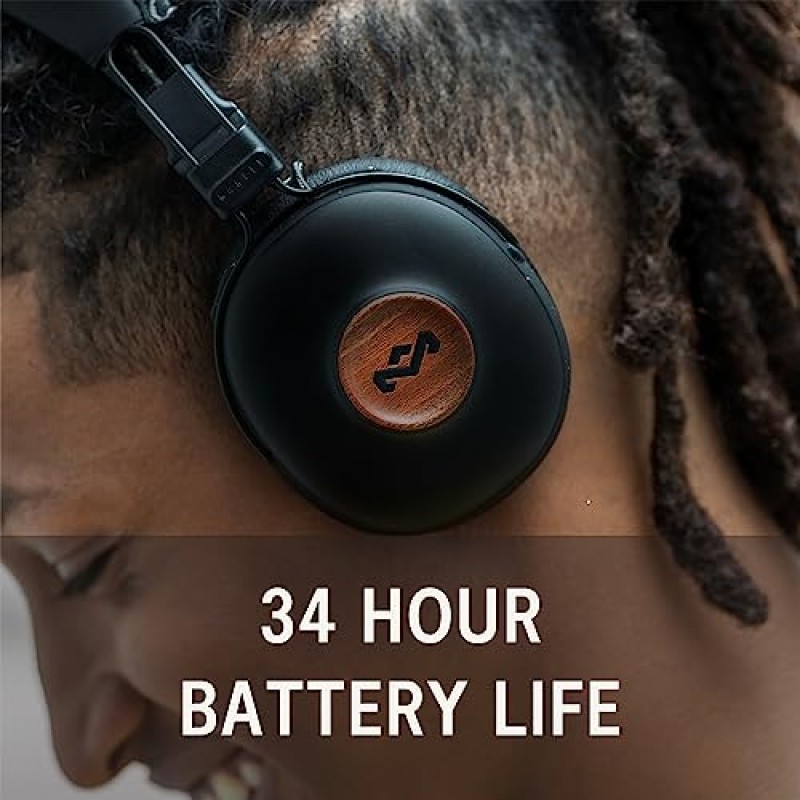House of Marley 포지티브 진동 주파수: 마이크가 포함된 오버이어 무선 헤드폰, 무선 Bluetooth 연결, 34시간 재생 시간 및 급속 충전 기술, 시그니처 블랙