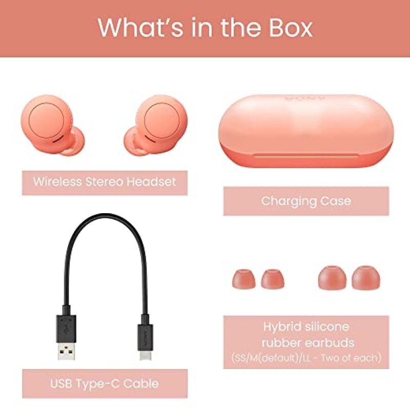 소니 WF-C500 완전 무선 헤드폰 - 최대 20시간 배터리 - 충전 케이스 - 음성 어시스턴트 호환 - 전화 통화용 내장 마이크 - 안정적인 블루투스 - 코럴 오렌지