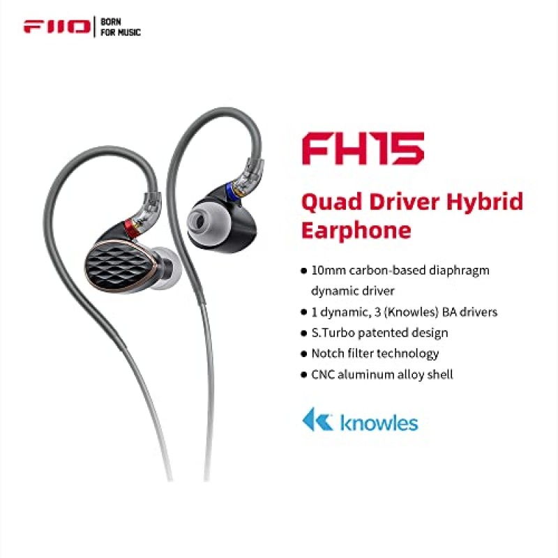 FiiO FH15 1DD 3 Knowles BA 하이브리드 기술 이어폰형 유선 이어폰, 3.5mm/4.4mm MMCX 케이블(검은색)