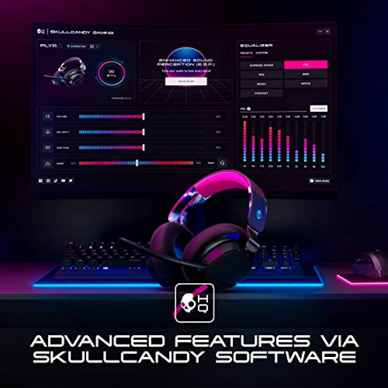 Skullcandy SLYR Pro 멀티 플랫폼 오버이어 유선 게이밍 헤드셋, 향상된 음향 인식, AI 마이크, Xbox Playstation 및 PC와 작동 - 블랙