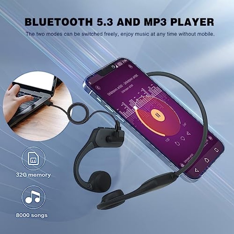 Emowom 골전도 헤드폰, 수영 헤드폰 방수, 개방형 헤드폰, 32GB 메모리 MP3 스포츠 헤드폰, 수영 달리기 하이킹 사이클링용 초경량 무선 헤드폰