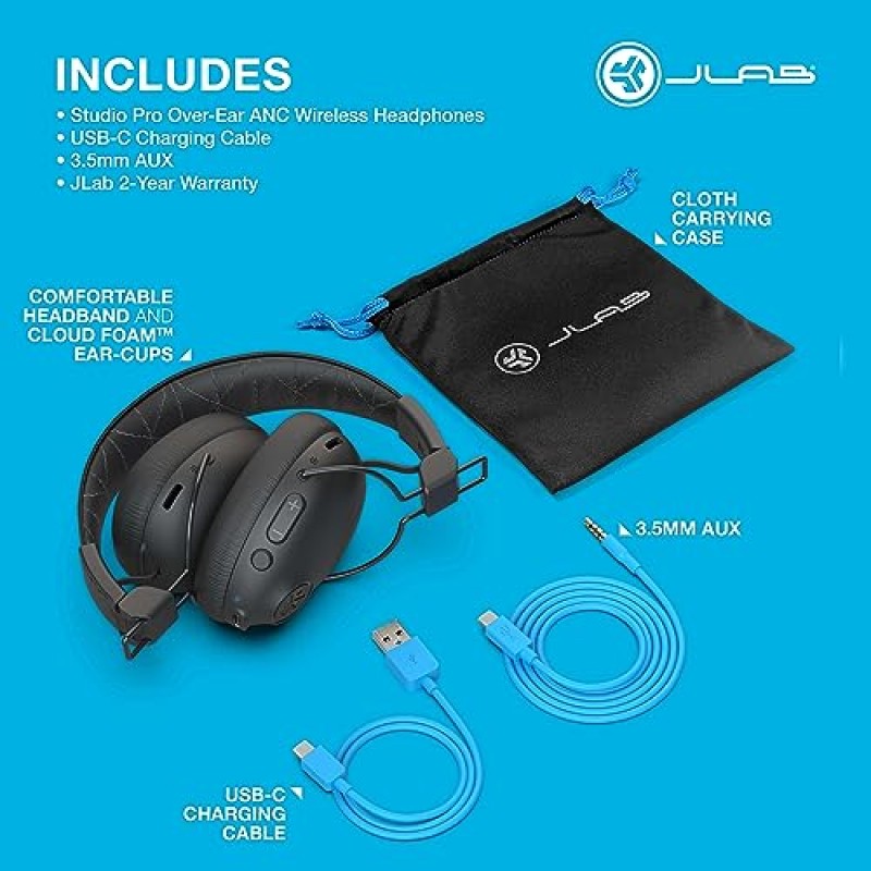 JLab Studio Pro ANC Bluetooth 무선 오버이어 헤드폰, 45시간 이상의 Bluetooth 5 재생 시간, 스마트 액티브 소음 제거, EQ3 사운드, 울트라 플러시 인조 가죽 및 클라우드 폼 쿠션, 블랙