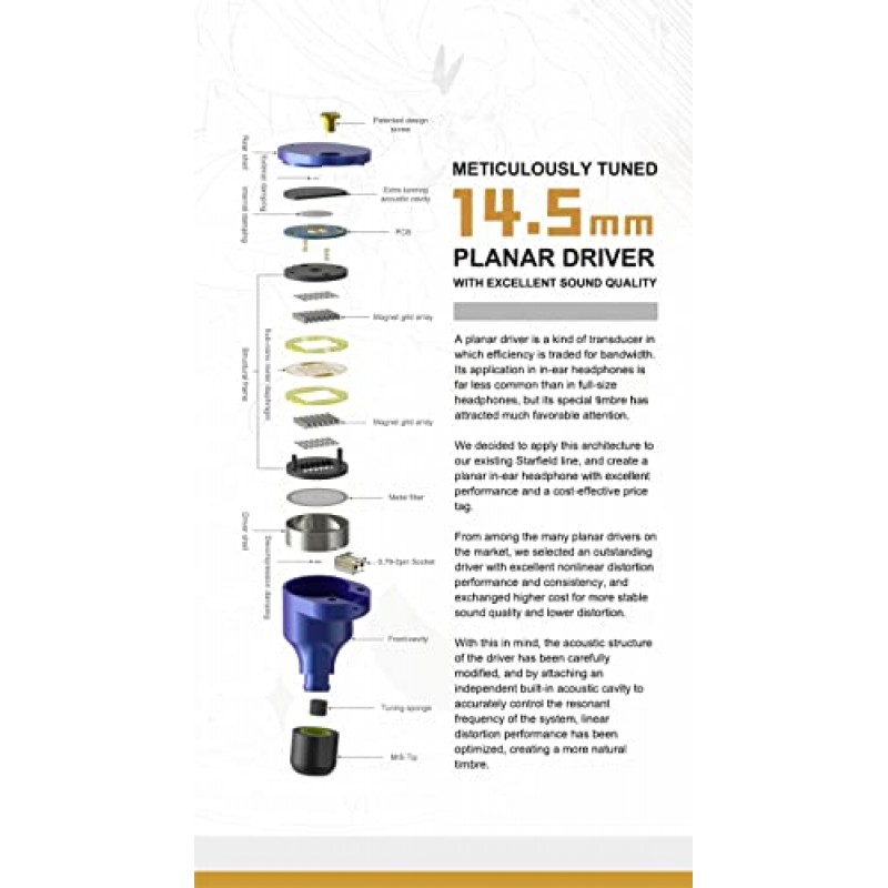 Moondrop STELLARIS 이어폰 고정밀 소형 그리드 자석 어레이 14.5mm 평면 드라이버 이어폰, 0.78MM 2Pin 케이블 포함