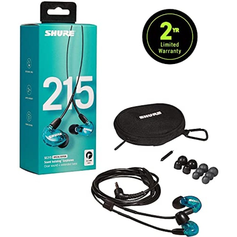 Shure SE425-CL 전문가용 소음 차단 이어폰 - 클리어 및 SE215 PRO 유선 이어버드 - 전문가용 소음 차단 이어폰, 선명한 사운드 및 깊은 베이스, 블루(SE215SPE)