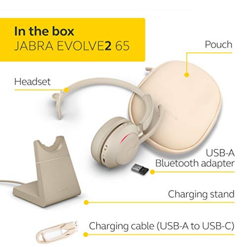 Jabra Evolve2 65 USB-A MS 모노(충전 스탠드 포함) - 베이지색 무선 헤드셋/음악 헤드폰
