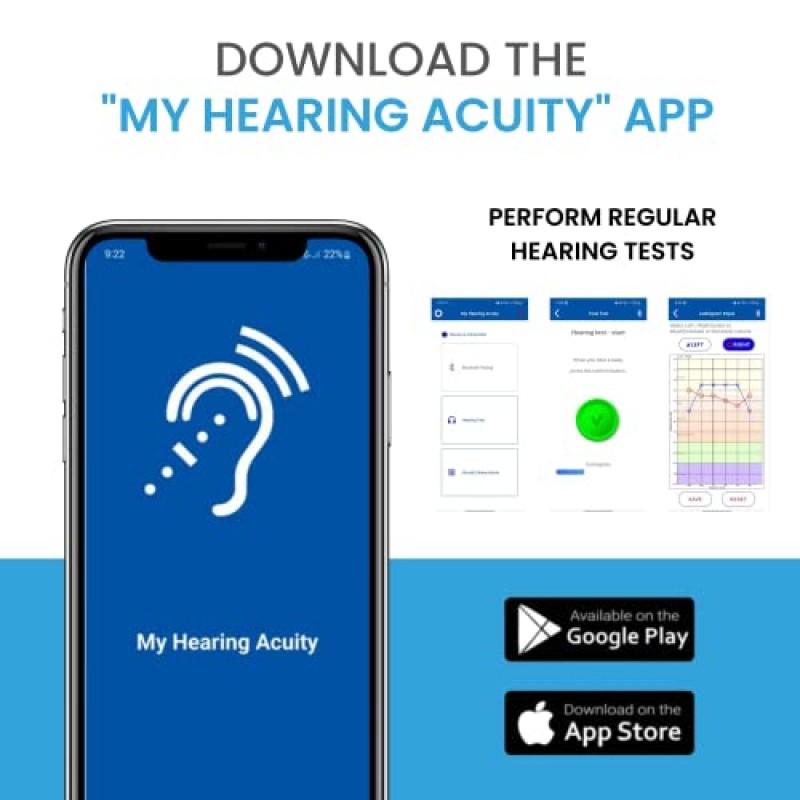 Acuity Duo 스테레오 Bluetooth 무선 이어버드(충전 케이스 포함) - 라이브 이벤트, 모바일 통화 및 TV 시청을 위한 사운드 증폭 및 음성 향상 기능을 갖춘 맞춤형 청각 앱