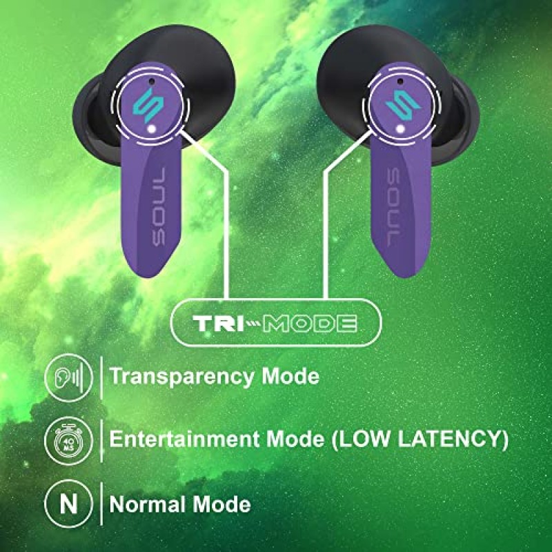 새로운 Soul S-Play 블루투스 무선 이어버드 | 40ms의 낮은 대기 시간, 게임 및 엔터테인먼트용 마이크가 장착된 인이어 헤드폰 | 방수, 무선 충전 케이스, 28시간 재생 | 사이 퍼플