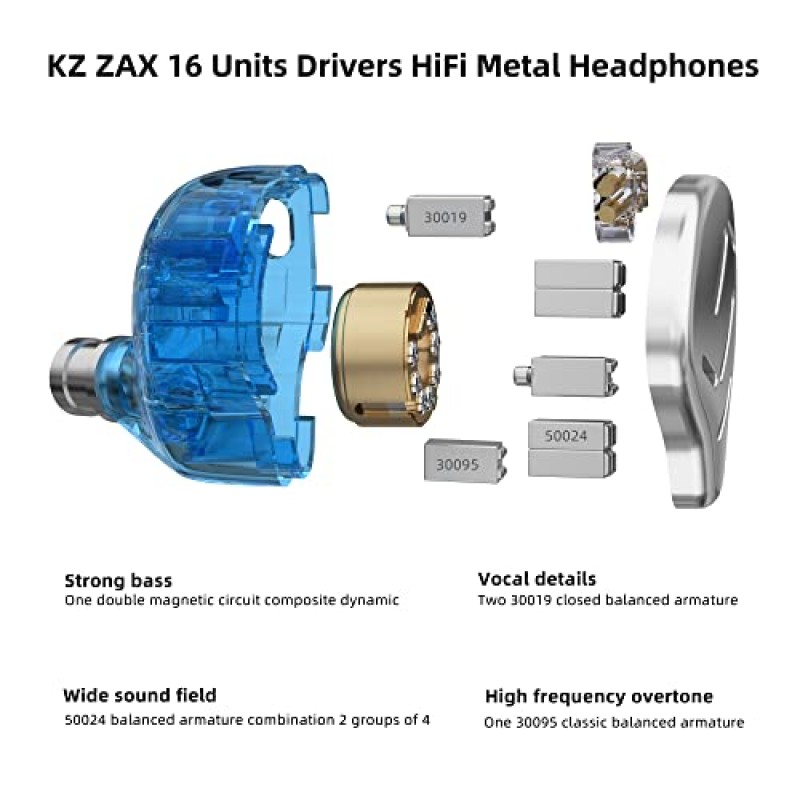 KZ Zax 16유닛 7BA+1DD 하이브리드 인이어 모니터 이어폰 2핀 분리형 케이블(마이크 없음, 검은색)