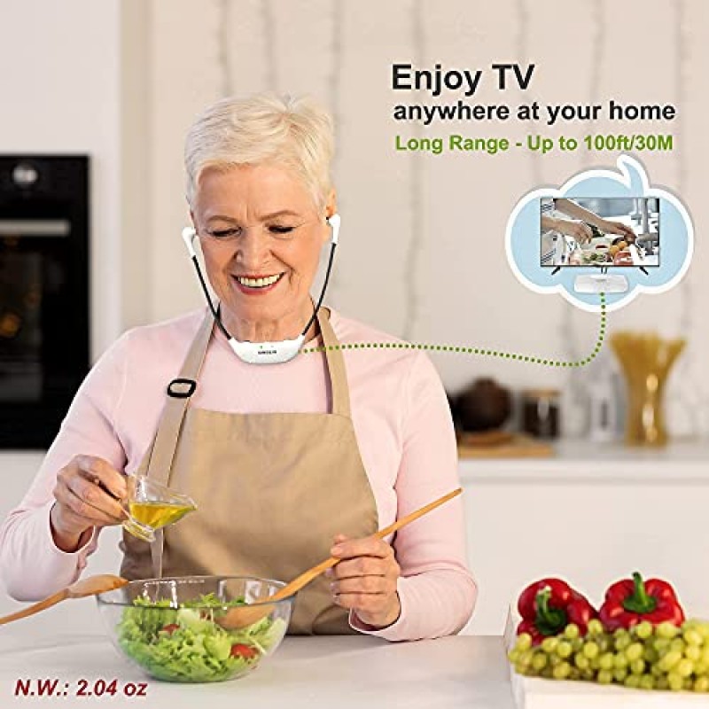SIMOLIO 100피트 장거리 무선 TV 헤드폰, 청각 장애인 및 노인을 위한 턱 아래 및 귀 위 TV 헤드폰, 음성 강조, 톤 제어 및 균형 조정