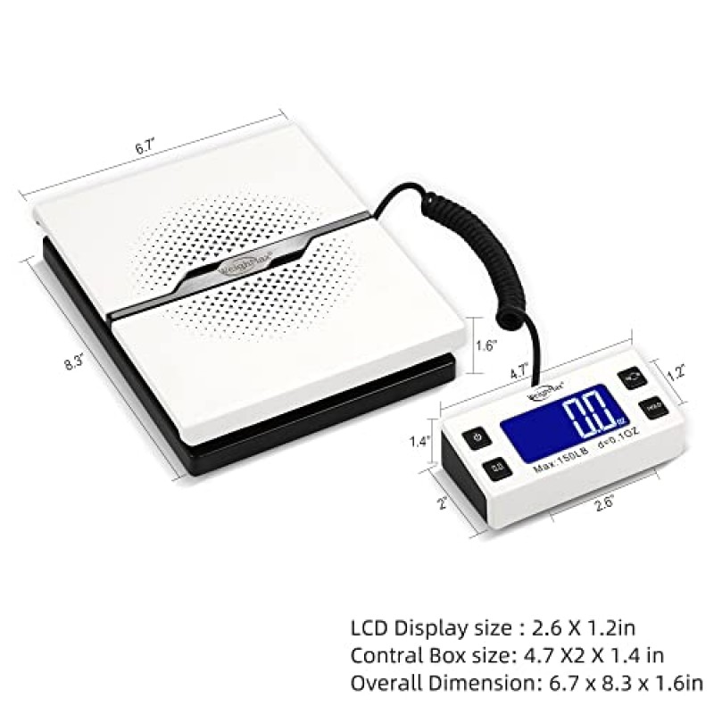 Weighmax W-8809 150lbs x0.1oz 디지털 배송 및 우편 저울(확장 디스플레이 포함, 흰색, 배터리 및 Ac 어댑터 포함)