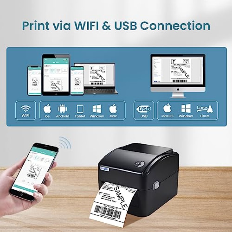 vretti Wi-Fi 감열식 라벨 프린터, 중소기업 및 패키지용 무선 배송 라벨 프린터, Etsy, Ebay, Amazon, Shopify, USPS 등과 호환되는 4x6 라벨 프린터