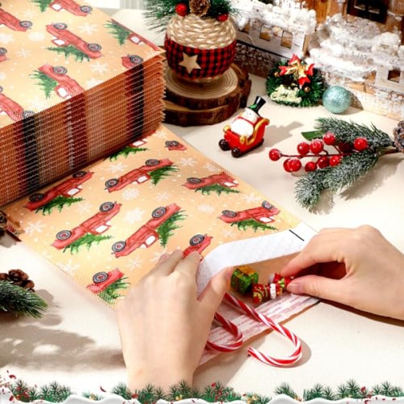 Tenceur 50 Pcs 크리스마스 폴리 버블 메일러 크리스마스 패딩 봉투 8.27 x 9.45 인치 크리스마스 봉투 배송 가방 셀프 씰링 겨울 방수 우편 가방 (자동차, 나무)