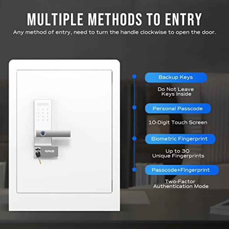 RPNB 디럭스 홈 금고 및 잠금 상자, 음성 안내 기능이 있는 스마트 터치스크린 생체 인식 지문 보안 금고, 원터치 잠금 해제, 이중 경고, 홈 오피스 호텔에 적합, 2.8 입방 피트, 흰색