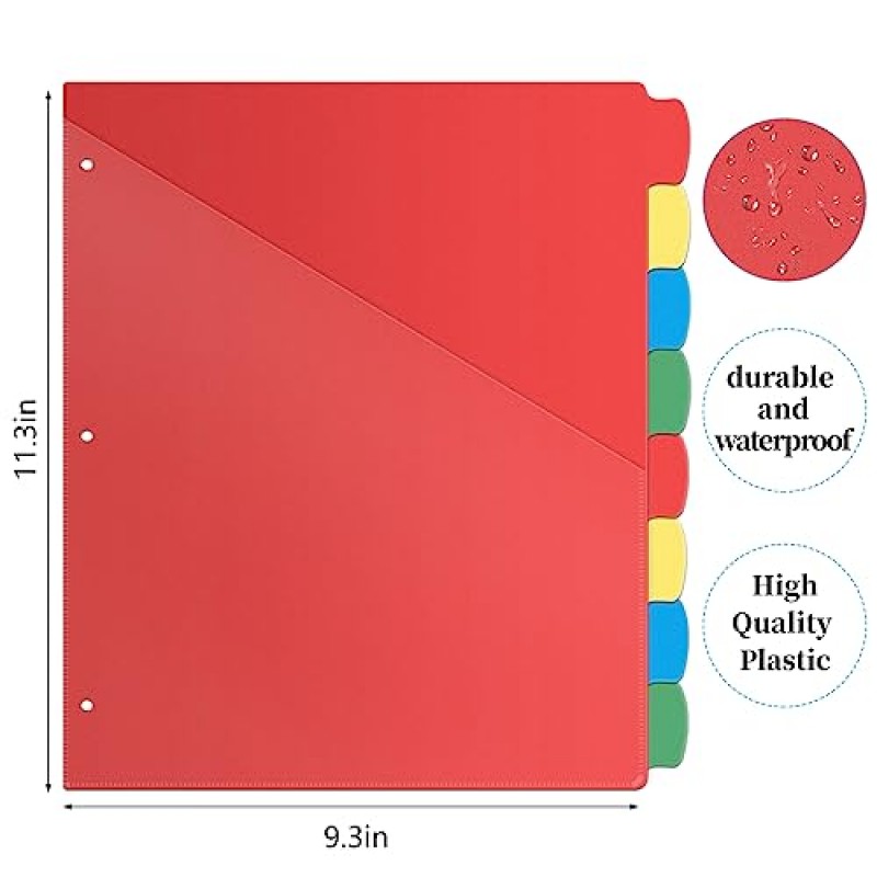 3개의 구멍이 뚫린 OleFun 8탭 인덱스 디바이더, 투명한 전면 포켓이 있는 플라스틱 디바이더 3개 세트, 링 바인더 3개용 멀티컬러 디바이더, 학교 및 사무용품용 디바이더 24개