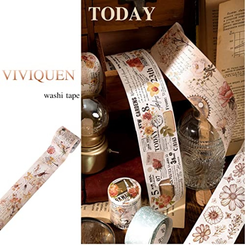 VIVIQUEN 빈티지 꽃 Washi 테이프 세트, 저널링, 스크랩북 용품, 미술 공예용 30mm/50mm 와이드 골동품 식물 쓰기 가능 장식 테이프