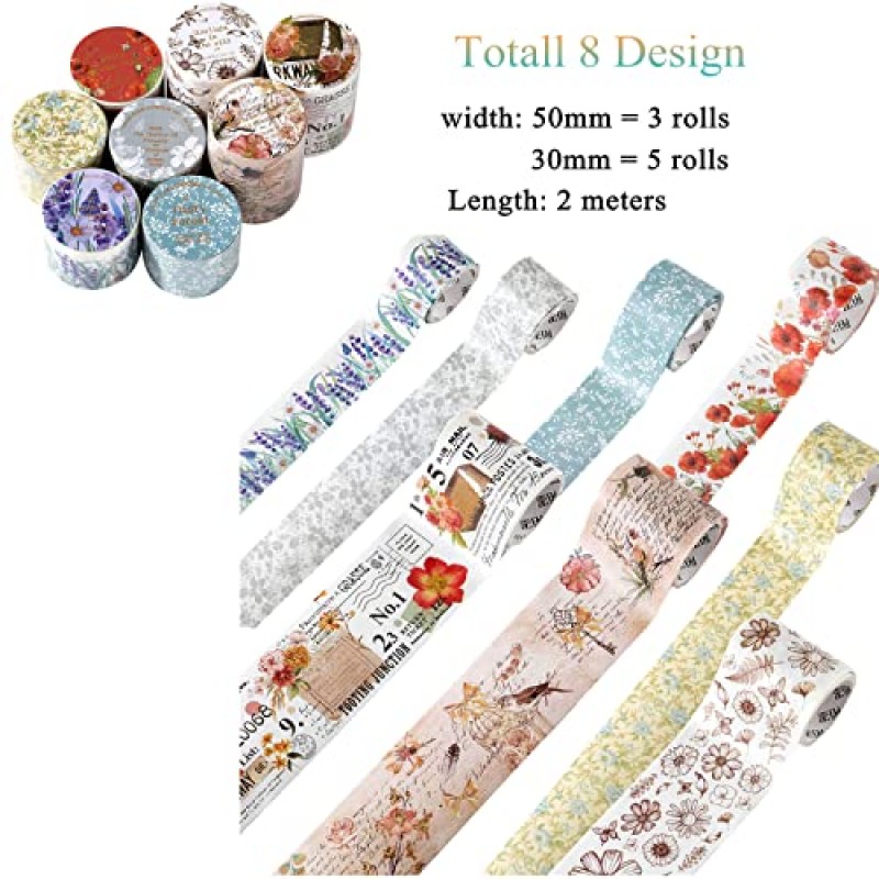 VIVIQUEN 빈티지 꽃 Washi 테이프 세트, 저널링, 스크랩북 용품, 미술 공예용 30mm/50mm 와이드 골동품 식물 쓰기 가능 장식 테이프