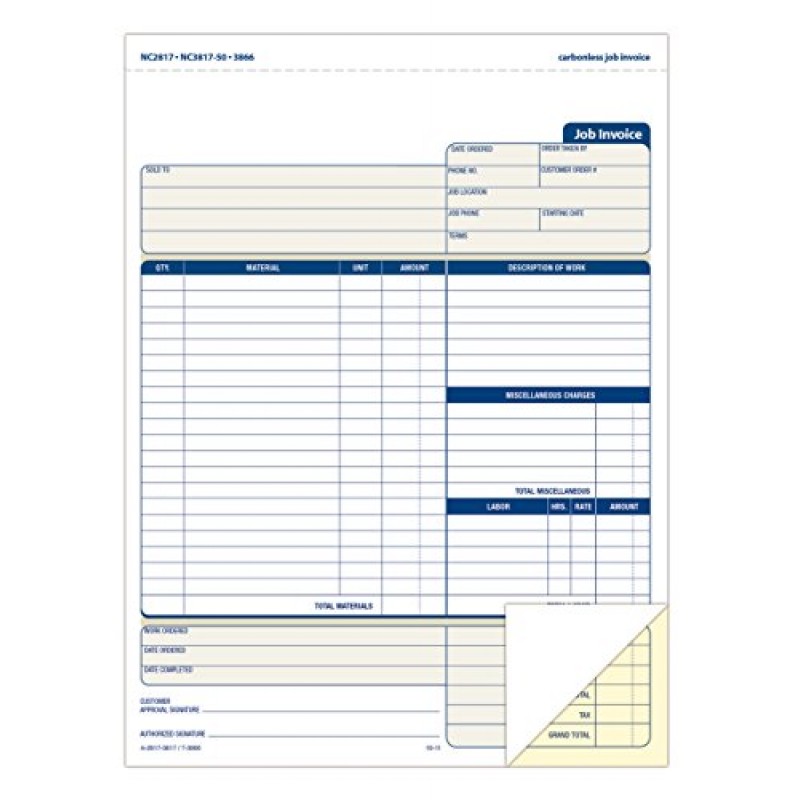아담스 작업 송장 양식, 무탄소 2부, 서비스 및 수리 청구용, 팩당 100개 개별 세트(NC2817), 흰색, 8-1/2 x 11인치