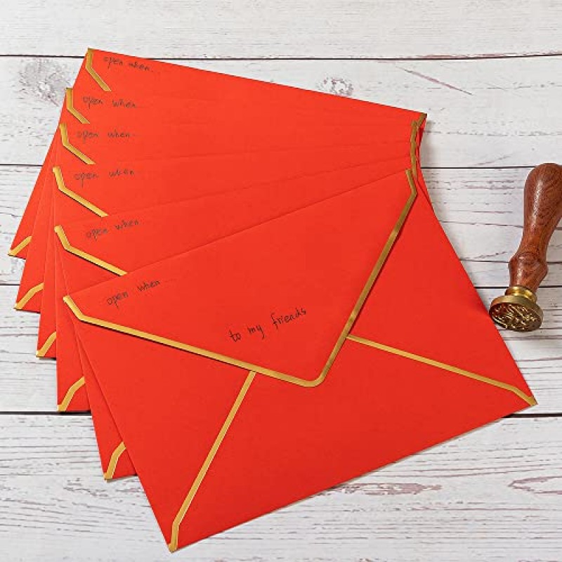 50 팩 A7 봉투 5 x 7 카드 봉투 사무실, 결혼 선물 카드, 초대장, 졸업식, 베이비 샤워, 파티용 금색 테두리가 있는 접착식 V 플랩 봉투(빨간색)