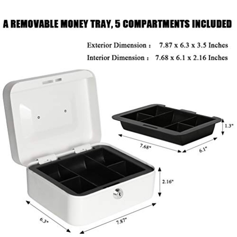 Jssmst 키 잠금 장치가 있는 소형 현금 상자 - 흰색 머니 트레이가 있는 내구성 있는 금속 현금 상자, CB0105M