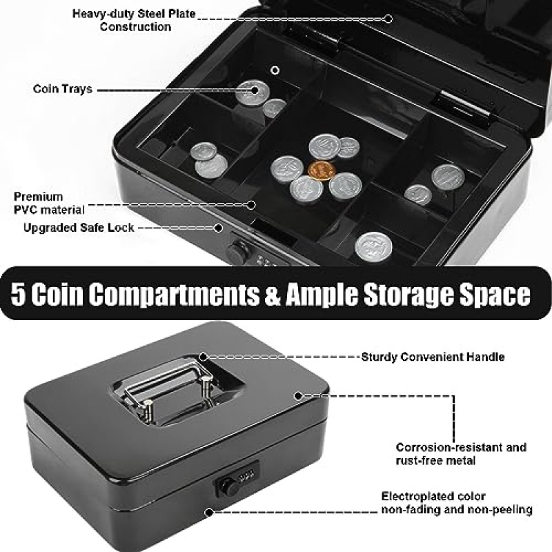 조합 잠금 장치 및 탈착식 현금 트레이가 있는 Sgorlds 현금 상자, 현금 금고용 금속 저금통, 보안을 위한 내구성 있는 이중 레이어 코드 소액 화폐 정리함, 9.84