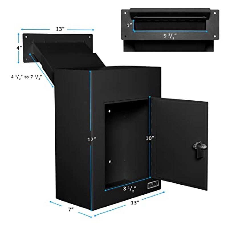 벽을 통한 Durabox D700 드롭 박스, 관형 키 잠금 장치가 있는 보안 우편함, 조정 가능한 슈트 보증금, 미리 뚫린 장착 구멍 - 안전한 강철 우편함(검은색)