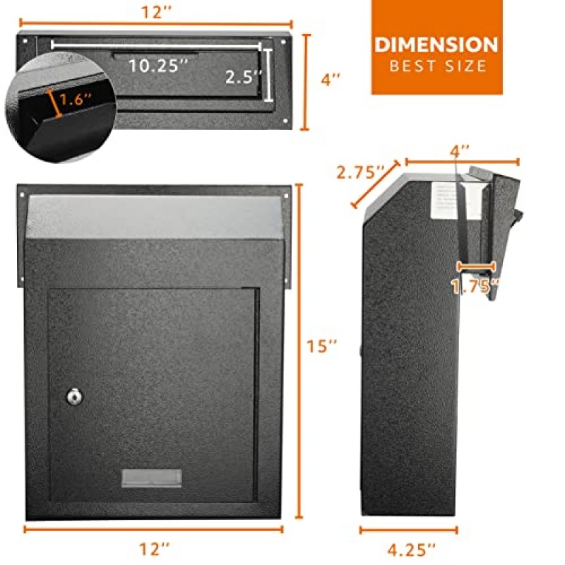 문을 통한 Metateel 헤비 듀티 잠금 드롭 박스 안전 잠금 예금 드롭 박스, 방수 드롭 박스, 우편물 입금용 강철 사서함, 열쇠, 임대료 지불, 수표, 검정색