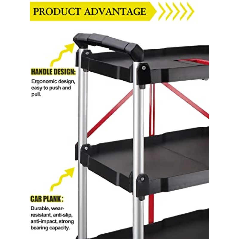EBANKU 접이식 접이식 서비스 카트, 고강도 3단 롤링 도구 카트, 창고 보관, 차고, 청소를 ​​위해 최대 150lbs 지원