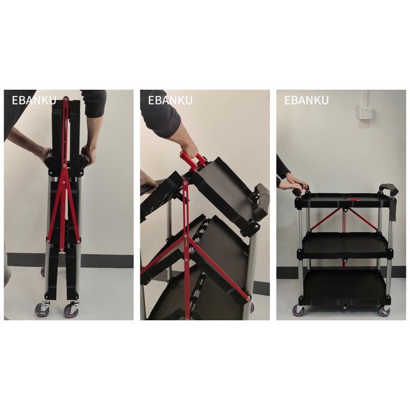 EBANKU 접이식 접이식 서비스 카트, 고강도 3단 롤링 도구 카트, 창고 보관, 차고, 청소를 ​​위해 최대 150lbs 지원