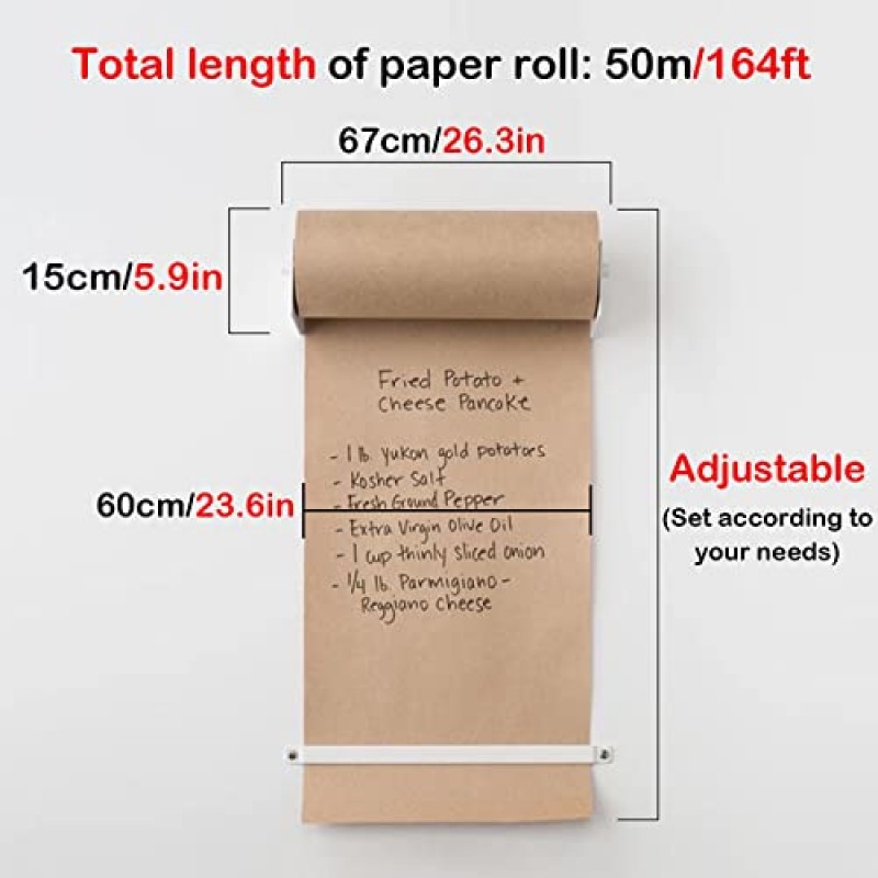 50m 길이의 정육점 종이 롤, 기록/알림/홍보/그림/일정용 벽걸이형 크래프트 종이 롤 디스플레이, 커팅 바가 있는 갈색 소포 종이(크기: 67cm/26.4인치 너비)