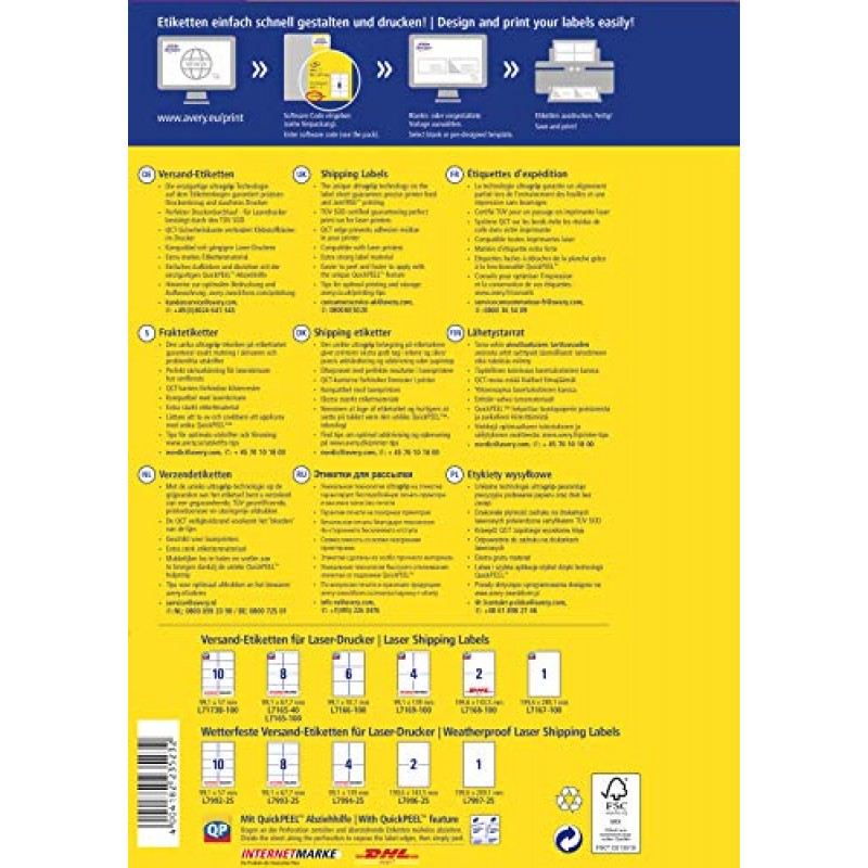 Avery L7165 접착식 소포 배송 라벨, 레이저 프린터, A4 시트당 라벨 8개, 라벨 320개, UltraGrip, 흰색