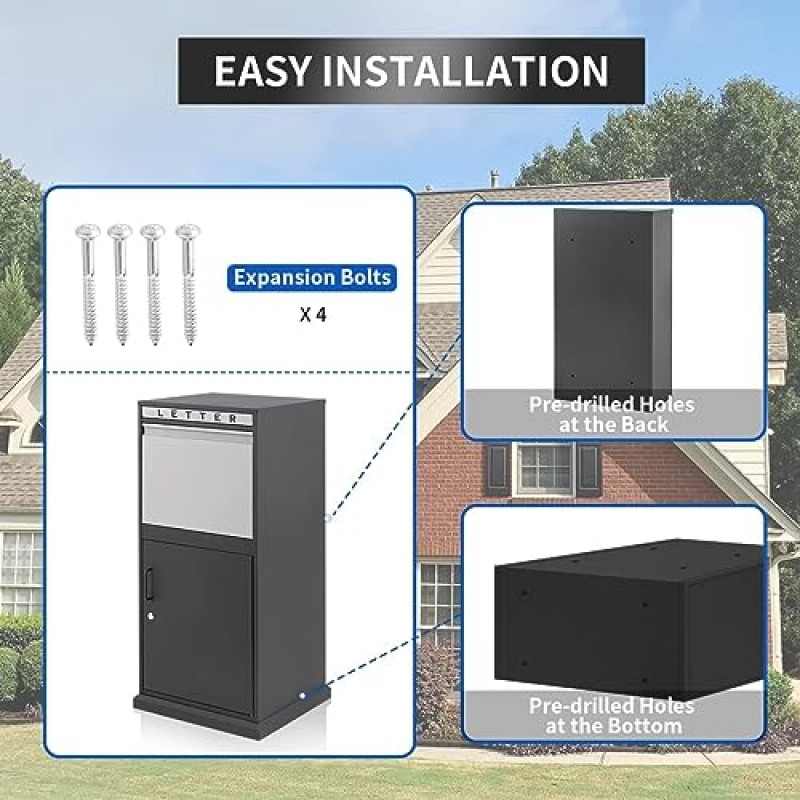 외부용 Ydocabinit 패키지 배달 상자, 소포용 초대형 우편함, 아연 도금 강철 소포 우편함, 현관용 벽걸이형 잠금 가능 도난 방지, 도로변, (검정색, 대형) (XXLarge)