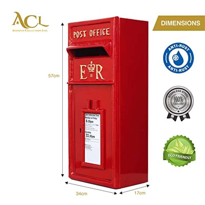 ACL Royal Mail 빨간색 우체통 - 잠금 장치가 있는 ER 우체통 - 내구성을 위한 주철 설계 - 미리 뚫린 구멍 4개로 벽에 장착 가능 - 설치가 용이함 - 보안을 위해 잠글 수 있음 - 클래식 빨간색 우체통