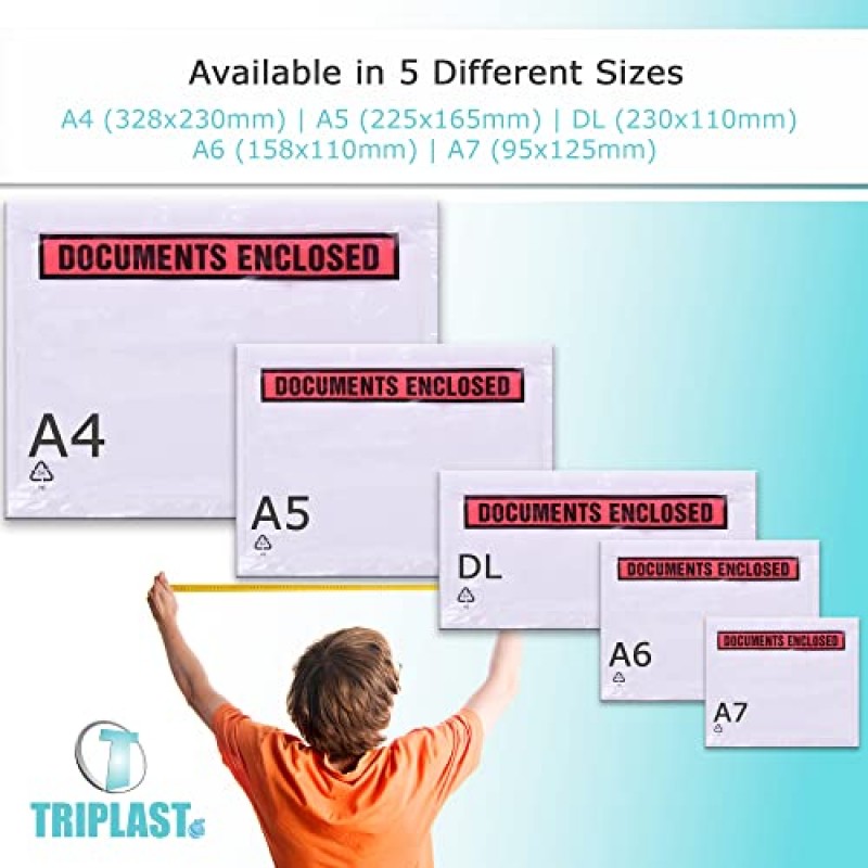 Triplast 500 x A5 인쇄 문서 동봉 지갑(225 x 165mm) | 껍질을 벗기고 밀봉하는 투명 플라스틱 봉투/소매/주머니/지갑 | 송장, 포장 목록, 배송 메모를 소포에 첨부하세요.